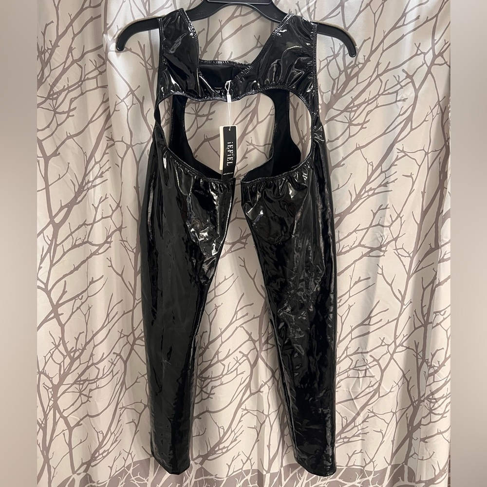Black iEFiEL Wet Look Patent Leather Open-Butt